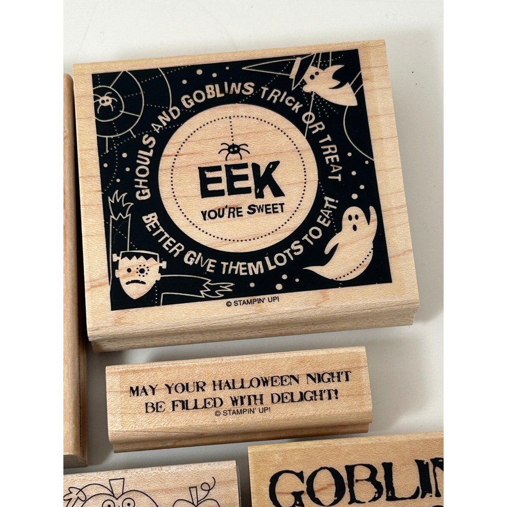 Stampin Up Halloween Wood Mounted Rubber Stamp Set Witch Pumpkin Goblin Eek 6pc - Picture 3 of 10